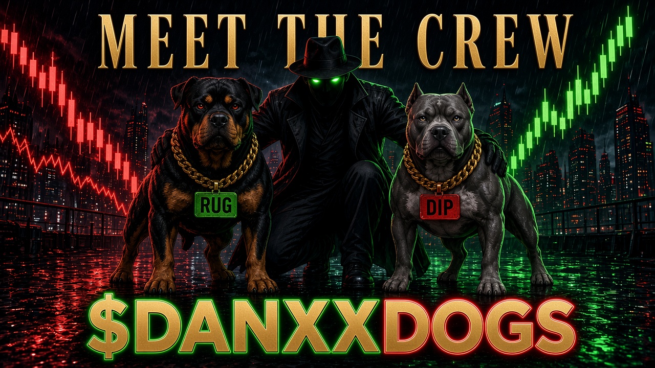 The Danxx Dogs crew: the trench-coat agent, Rug the Rottweiler and Dip the pitbull